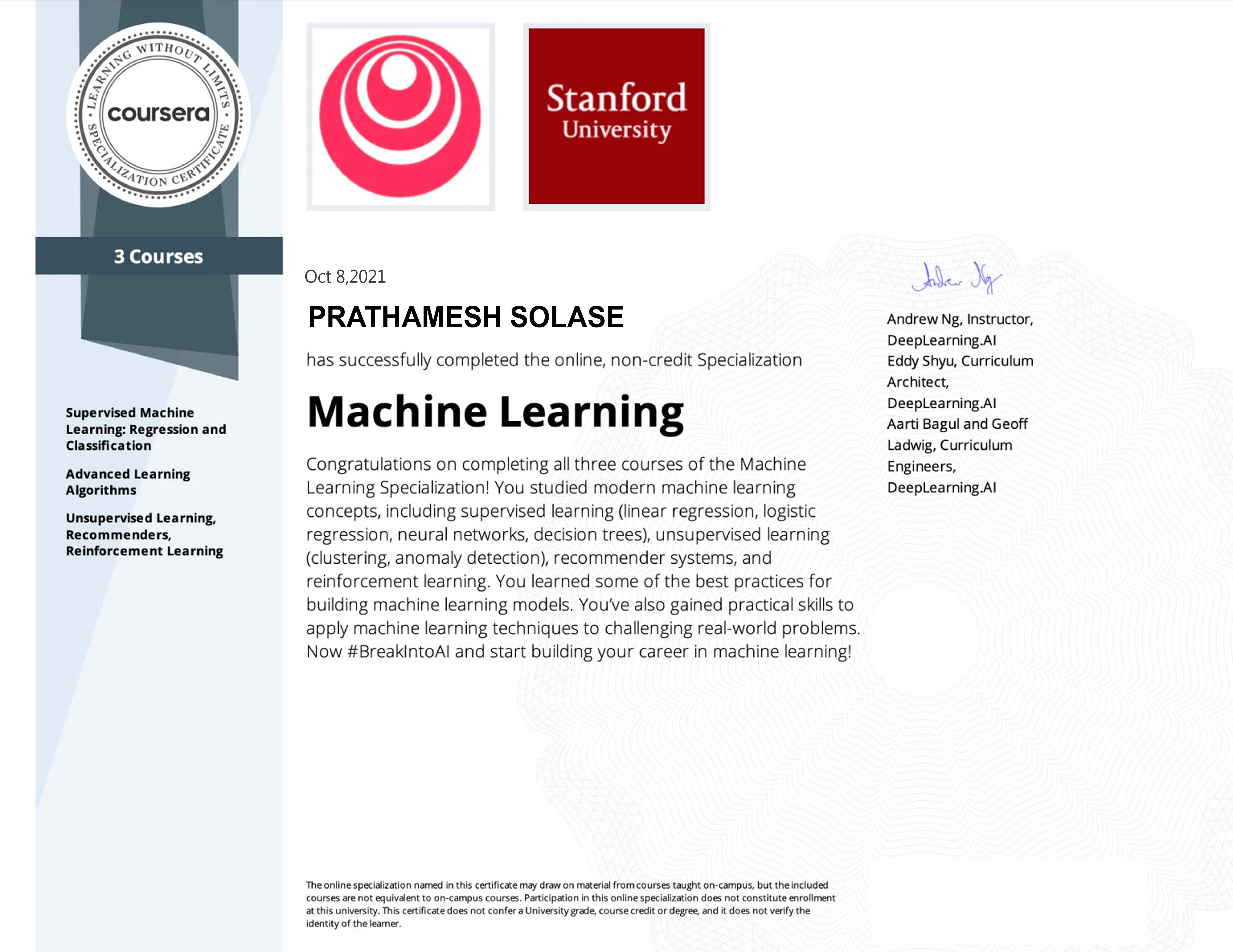 Stanford University Machine Learning Certificate