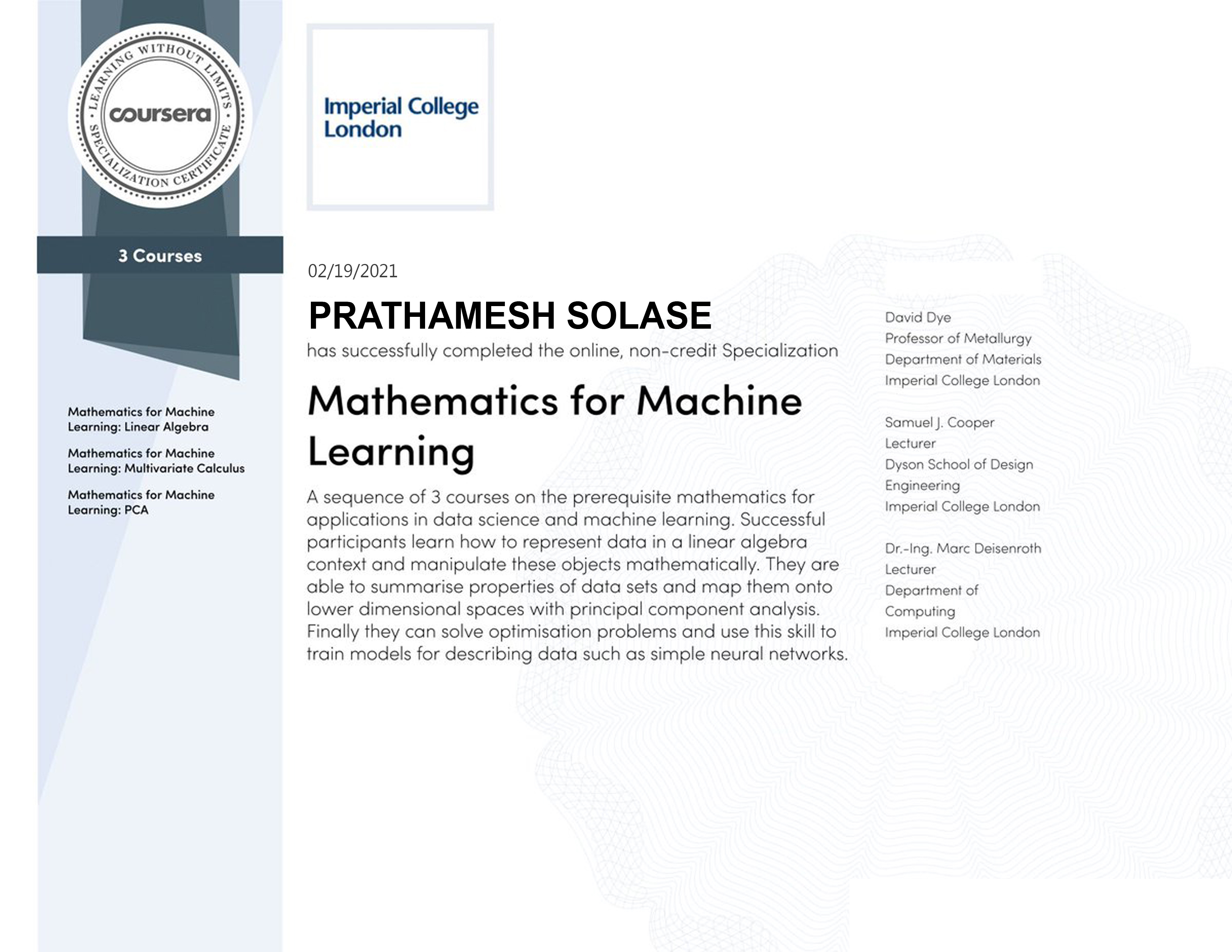 Imperial College Mathematics for ML Certificate