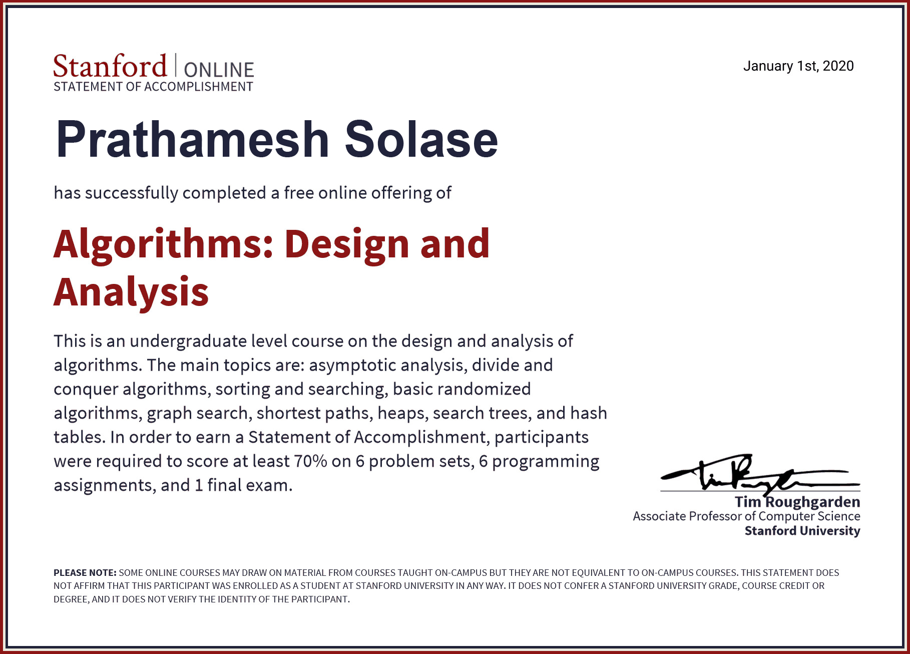 Stanford Algorithms Design & Analysis Certificate